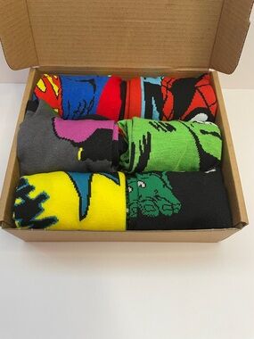 NIB Men's Superhero Pattern Crew Socks - Multi-Color Pack.  Size 8-13 shoe size.